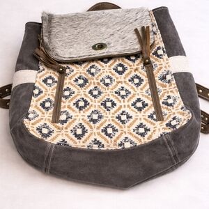 Myra Bag Gray, Cream & Brown Geometric Canvas Backpack with Faux-Fur Flap